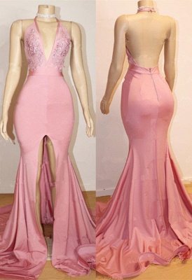 Open Back Pink Junior Long Prom Dresses  | Halter Lace Evening Gown With Slit BA9087_1