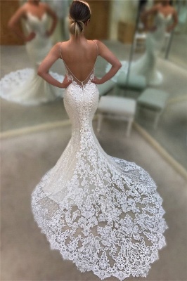 Backless Mermaid Lace Wedding Dresses  2021 | Spaghetti Straps Sequins Sexy Bridal Gowns_1