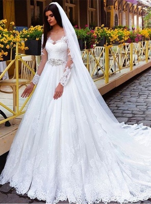 New Arrival Lace Princess Crystal Long Sleeve Elegant Wedding Dresses_2