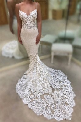 Robes de mariée dos nu en dentelle sirène pas cher 2021 | Bretelles spaghetti robes de mariée sexy paillettes_3