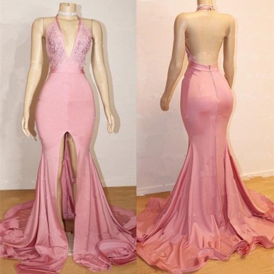 Open Back Pink Junior Long Prom Dresses  | Halter Lace Evening Gown With Slit BA9087_3