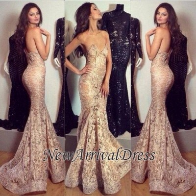 Sexy Sweetheart-Neck Mermaid Lace Champagne Evening Gowns_1