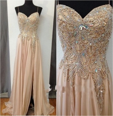 Champagne Chiffon Crystals Long Prom Dresses  Spaghettis Straps Sweetheart Side Slit Evening Gowns_2