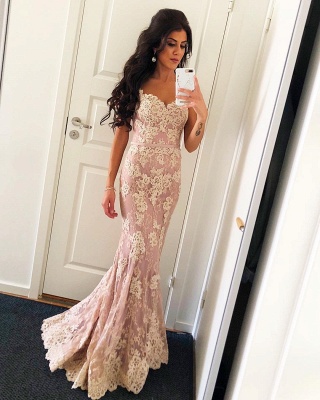 Robe de bal élégante en dentelle rose avec bretelles spaghetti roses | Robes de soirée sexy sirène dos ouvert_1