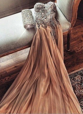 Champagne Chiffon Crystals Long Prom Dresses  Spaghettis Straps Sweetheart Side Slit Evening Gowns_1