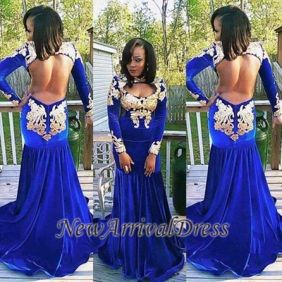 De manga larga con cremallera y apliques magníficos sirena vestido de fiesta azul real | Vestido de fiesta de talla grande_1
