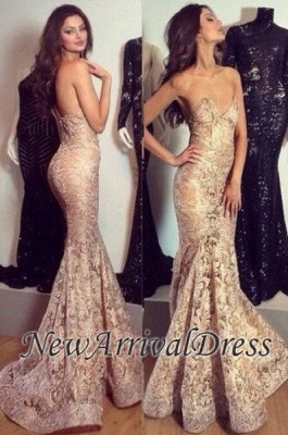 Sexy Sweetheart-Neck Mermaid Lace Champagne Evening Gowns_3