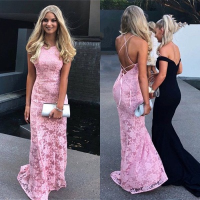 Newest Pink Lace Mermaid Long Sleeveless Lace-up Prom Dress_3