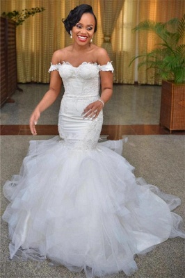 Short Sleeve Sexy Off The Shoulder Beautiful Lace-up Tulle Modest Beautiful Lace Mermaid Wedding Dresses_2
