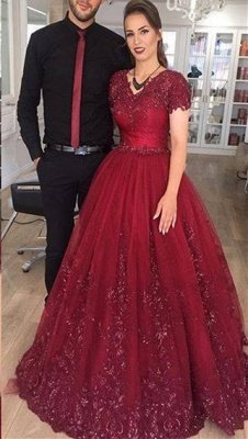 Delicate Burgundy Short Sleeve Lace Appliques A-line Evening Gown_1