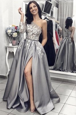 One Sleeve Silver Grey Prom Dresses  Online | Side Slit Lace Appliques Sexy Formal Evening Dress_1