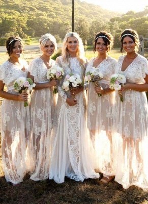 Sheer Capped-Sleeves Elegant V-Neck Lace Long Bridesmaid Dresses_3