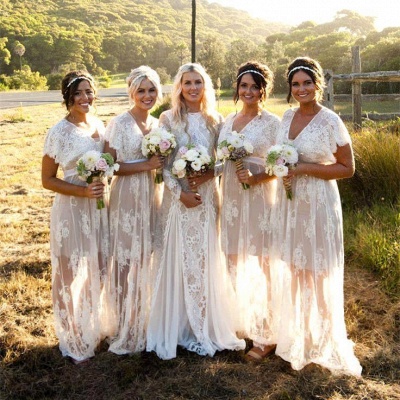 Sheer Capped-Sleeves Elegant V-Neck Lace Long Bridesmaid Dresses_1