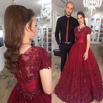 Delicate Burgundy Short Sleeve Lace Appliques A-line Evening Gown_3