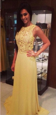 Yellow Lace Chiffon Long Prom Dresses Sheer Open Back Sleeveless Evening Gowns_2