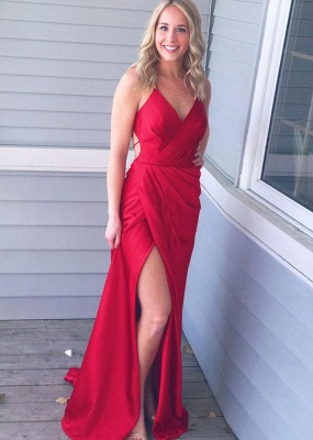 Red V-Neck Long Prom Dress |Long Evening Gowns With Slit_1