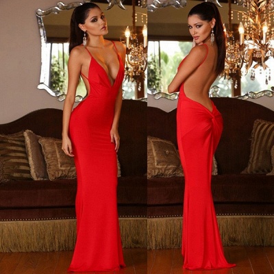 Red Mermaid V-neck Sleeveless Sexy Open-Back Prom Dress_3