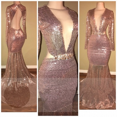 Open Back Mermaid Sequined Long Sleeve Evening Gowns | Gorgeous V-neck Prom Dresses_3