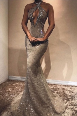 Halter Open Back Long Prom Dresses  | Shiny Beads Crystals Illusion Mermaid Formal Gowns_1