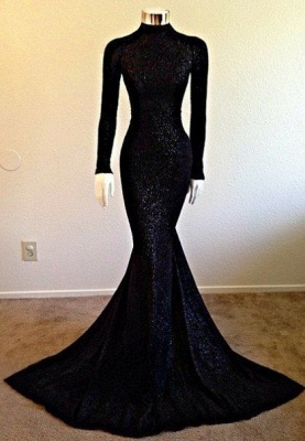 De cuello alto de manga larga negro largo vestidos de baile baratos | Vestido de noche formal de sirena de encaje vintage BA5158_1