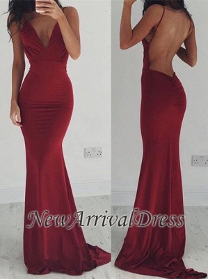 Backless Burgundy Stretchy Spaghettis-Straps Sheath Prom Dresses_1