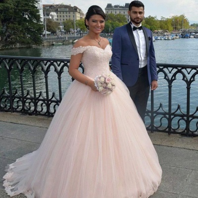 Último vestido de novia con hombros descubiertos, vestido de princesa, apliques de encaje de tul, vestido de novia_4