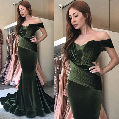 Elegant Olive Green Velvet Prom Dresses | Off-the-Shoulder Ruched Evening Gowns_3