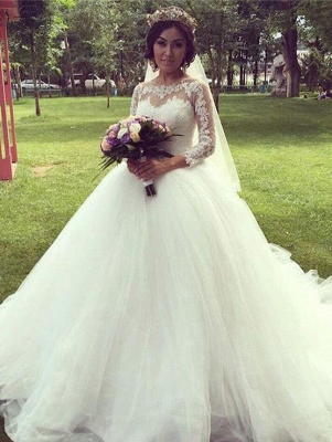 Elegant Long Sleeve  Online Princess Lace Appliques Glamorous Ball Gown Wedding Dresses_2