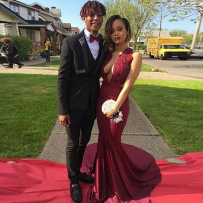 Sleeveless V-Neck Sexy Lace Burgundy Prom Dress_3