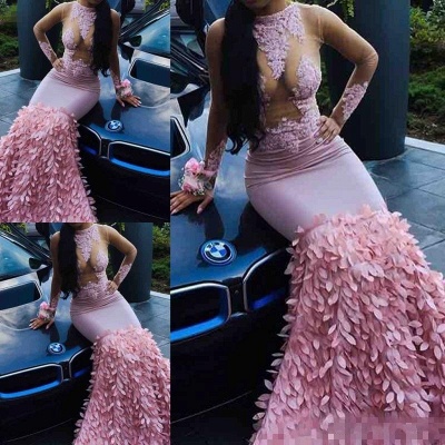 Sexy Sheer Pink Prom Dresses | Long Sleeves Leaves Skirt Evening Gowns_4