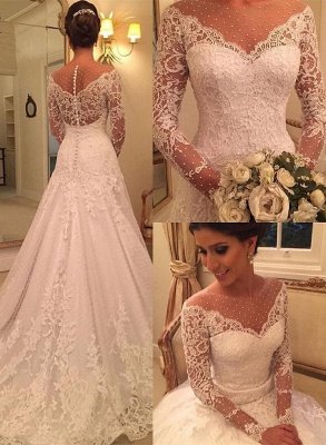 Voir Sexy à travers des robes de mariée en dentelle à manches longues pas cher | Robes de mariée élégantes appliques une ligne 2021_1