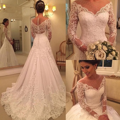 Sexy See Through Long Sleeve Lace Wedding Dresses  | Elegant Appliques A-line Bridal Gowns 2021_3