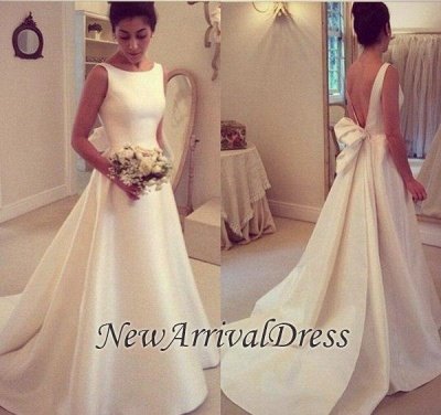 New Arrival A-line  Sleeveless Jewel Sweep Train Elegant Bowknot Wedding Dresses_1