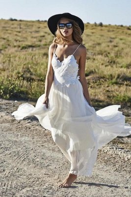 Simple Design Sexy Spaghetti Straps Elegant Lace Appliques Long Chiffon Beach Wedding Dress_1