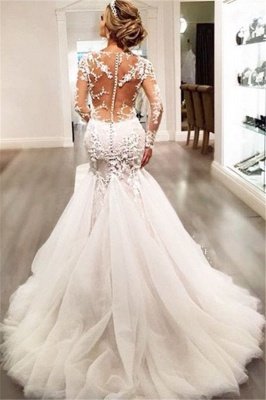 Sexy Mermaid Beading V-Neck See Through Lace Long Sleeve Wedding Dresses_3