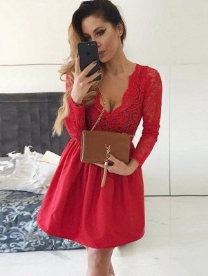 Sexy Red Lace V-neck Long Sleeve Homecoming Dress | Short Party Gown_1