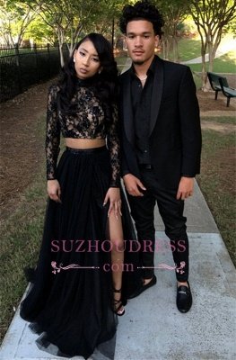 Two Piece Long Sleeve Formal Gowns | Black Long Slit Lace Prom Dress SP0349_1