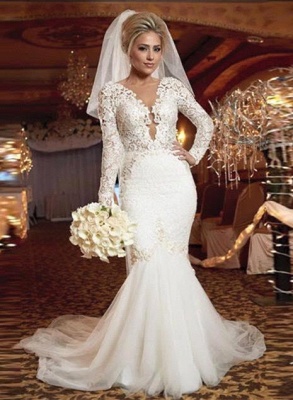 V-neck Sexy Lace Long Sleeve Wedding Dresses | Appliques Open Back Mermaid  Bridal Gowns_2