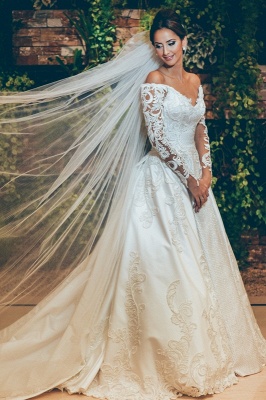 3D Lace Appliques Off The Shoulder Wedding Dresses | Long Sleeve Satin Elegant Bridal Gowns 2021 BC0238_1