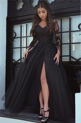 Robe de soirée noire glamour à manches longues en dentelle fendue_2