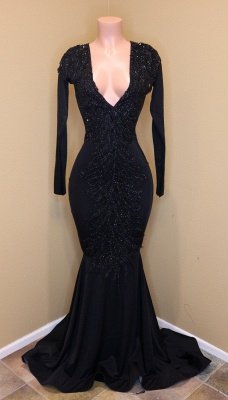 Black Beads Long Sleeve Mermaid Prom Dresses  BA8203_2