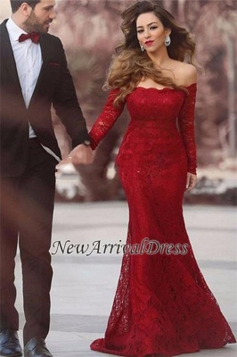 Off-the-shoulder Elegant Long-Sleeve Long Lace Red Mermaid Evening Dress_3