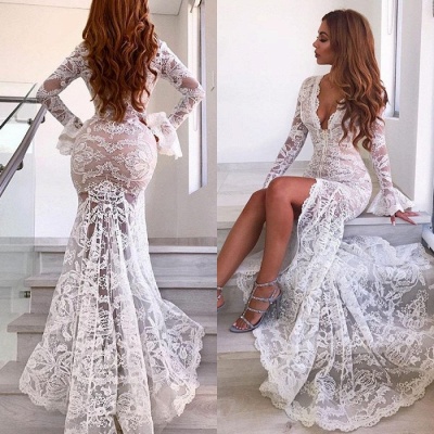 Long Sleeve Sexy Lace Prom Dress  | V-neck Long Formal Evening Dresses With Slit_4