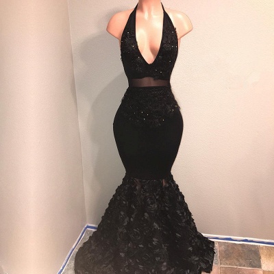 Black V-Neck Prom Dresses  | Mermaid Evening Gown With Flowers Bottom BA9153_3