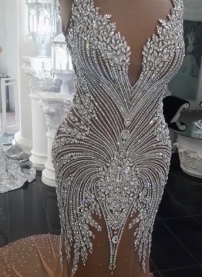 Glamorous Crystals   Mermaid Wedding Dresses | Sexy V-Neck Open Back Champagne Bridal Gowns_1