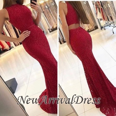 Sweep-Train Elegant Lace Sleeveless Red Mermaid Prom Dresses_1