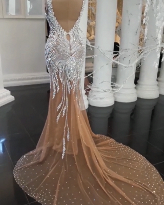 Luxus Kristalle Meerjungfrau Brautkleider | Backless Champagner-Brautkleider mit V-Ausschnitt_4