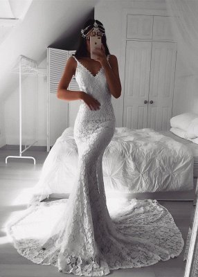 Modern Beautiful Lace V-neck Mermaid Wedding Dresses | Custom Made Online  Bridal Gowns_1