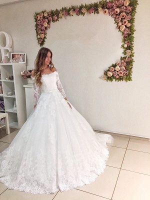 Popular New Arrival Lace Off Shoulder Long Sleeve Ball Gown Elegant Wedding Dresses_1