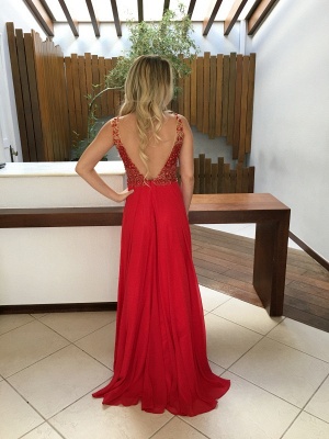 Gorgeous Red Crystals Straps Sleeveless A-line Chiffon Prom Dress_3